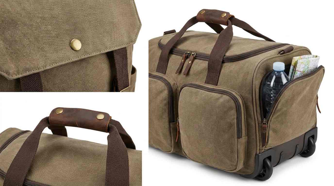 bag snaps, Bag snaps are visible on the flap and pocket areas of the khaki travel bag.